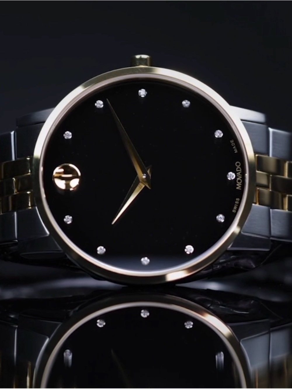 Movado Black Dial Two-Tone Gold and Silver Bracelet Watch with Crystal Markers